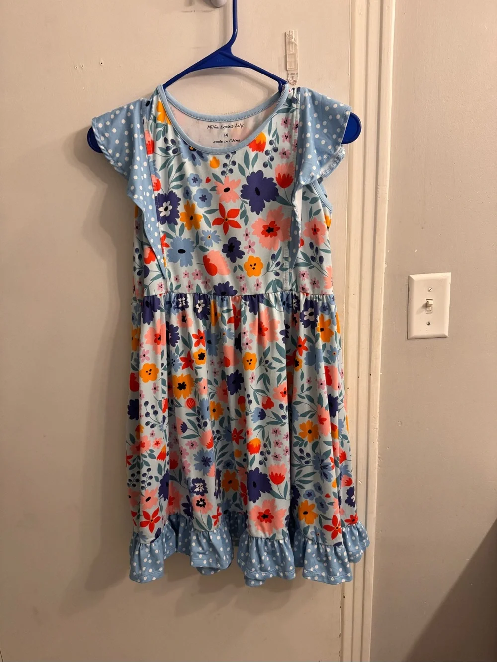Girls' Light Blue Floral Ruffle-Sleeve Dress